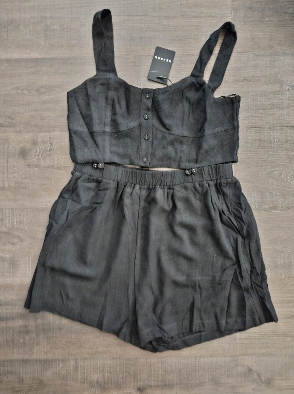 NWT Heyson Black 2 Piece Matching Set Button Bustier Crop Top & Shorts Size L